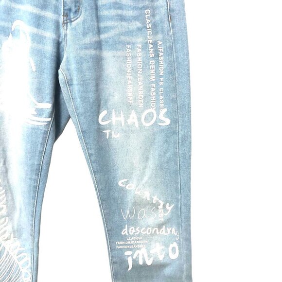 Fire & Rain Denim Jeans Mens 32x30 Light Wash Blue Graffiti Graphics Streetwear - Picture 6 of 12